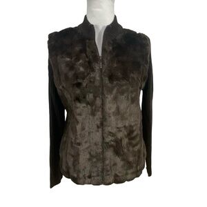 Kathie Lee Brown Faux Fur Zipper Sweater Jacket Size M